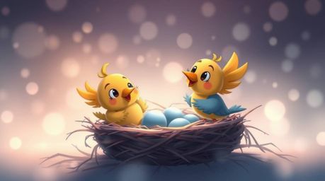 A charming animation depicting two cartoon birds diligently constructing a nest.  Rendered in a classic animation style with 