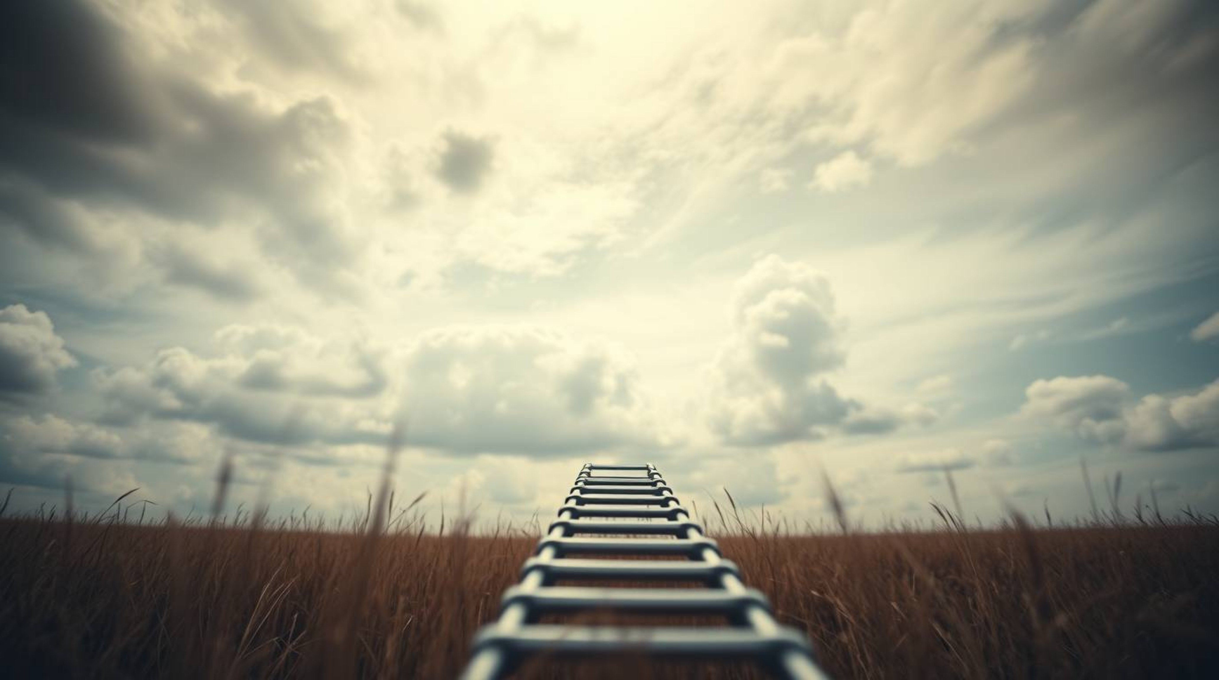 A minimalist scene featuring a silver ladder in an open field under a wide, cloudy sky is captured in extreme macro close-up,