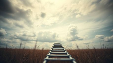 A minimalist scene featuring a silver ladder in an open field under a wide, cloudy sky is captured in extreme macro close-up,