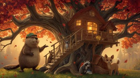 A high-resolution stock photo captures a beaver with expressive, Pixar-esque features and a kind smile, wearing a carpenter's