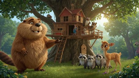 A high-resolution, crystal-clear stock photo captures a cheerful beaver with warm, golden fur, inspired by Pixar's whimsical