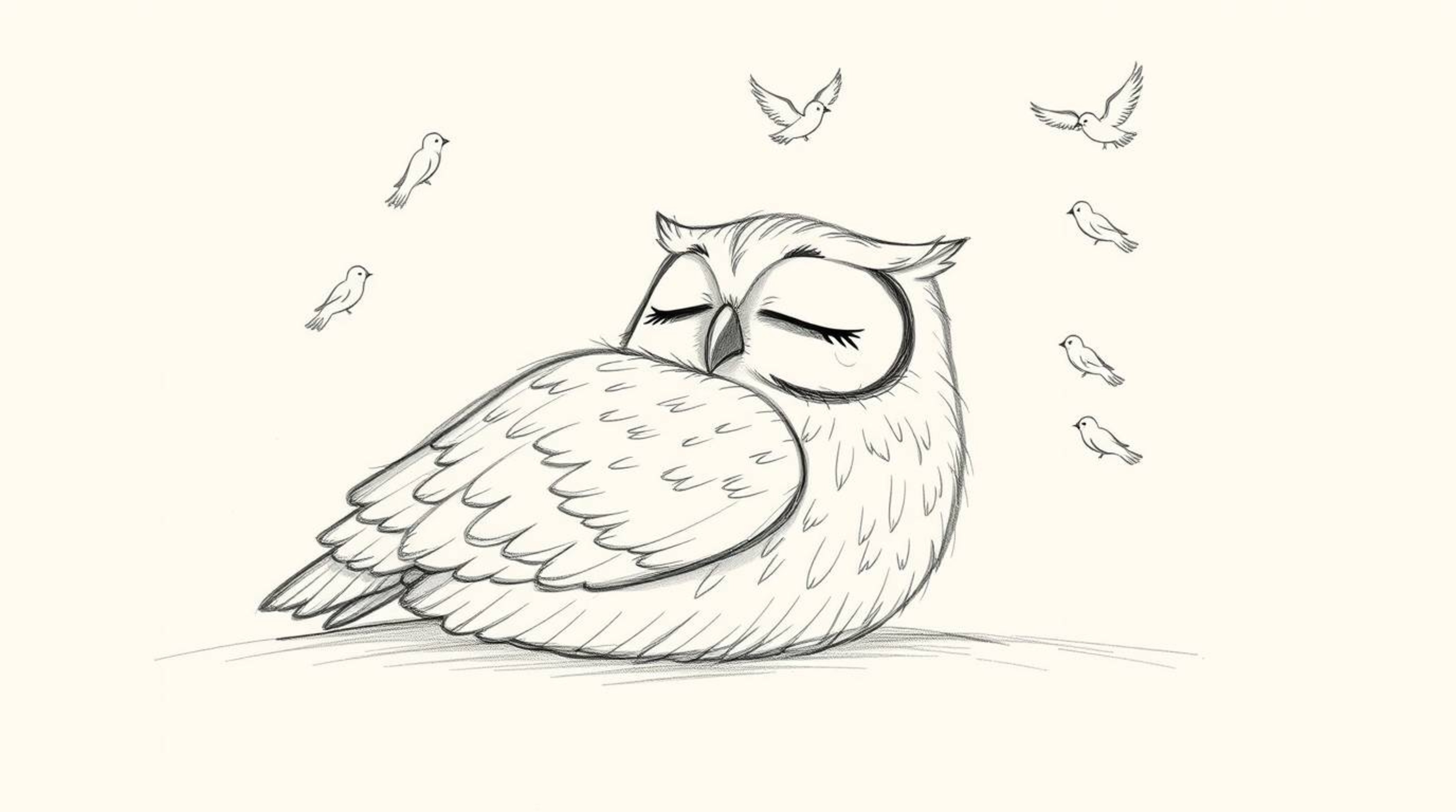 A heartwarming hand-drawn sketch in the style of Pixar portrays a blind owl peacefully resting while joyful birds circle arou