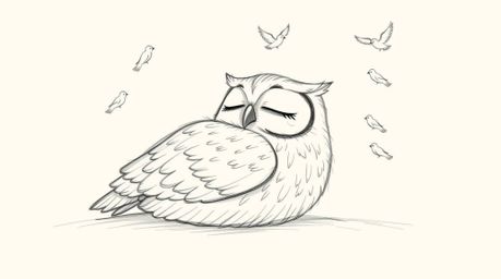 A heartwarming hand-drawn sketch in the style of Pixar portrays a blind owl peacefully resting while joyful birds circle arou
