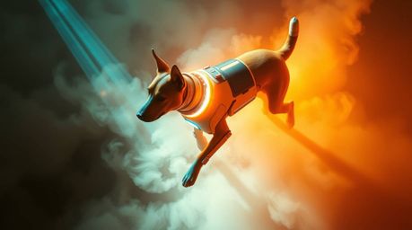 Witness a stunning overhead bird's eye view of a futuristic dog confidently walking itself in the vast expanse of space. This