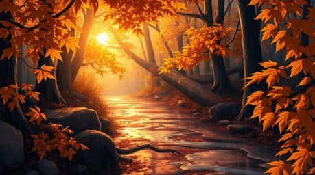 Immerse yourself in a breathtaking isekai anime-style scene depicting a wet autumn forest bathed in the golden light of a set