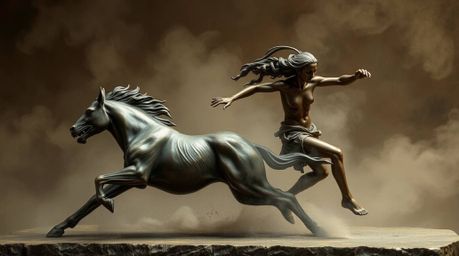 A dynamic bronze sculpture capturing a chase scene with exaggerated squash and stretch animation techniques, radiating an eth