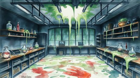 This delicate watercolor painting depicts a slime-covered science lab, rendered with translucent washes and fluid brushstroke