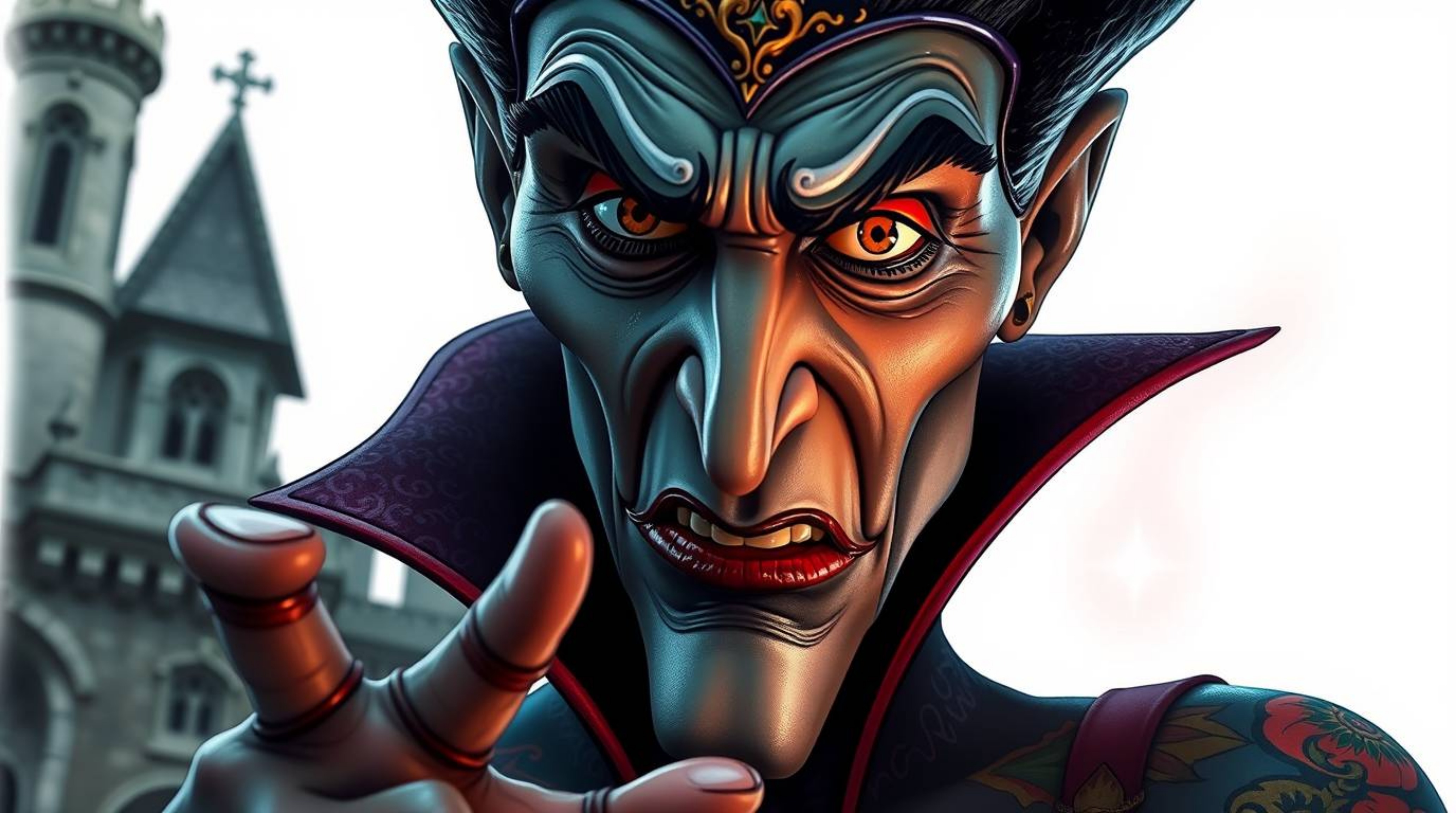 A captivating close-up of a classic Disney villain, rendered in a vibrant traditional tattoo style.  Sharp features and rich 