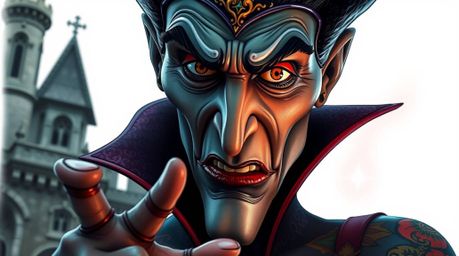 A captivating close-up of a classic Disney villain, rendered in a vibrant traditional tattoo style. Sharp features and rich