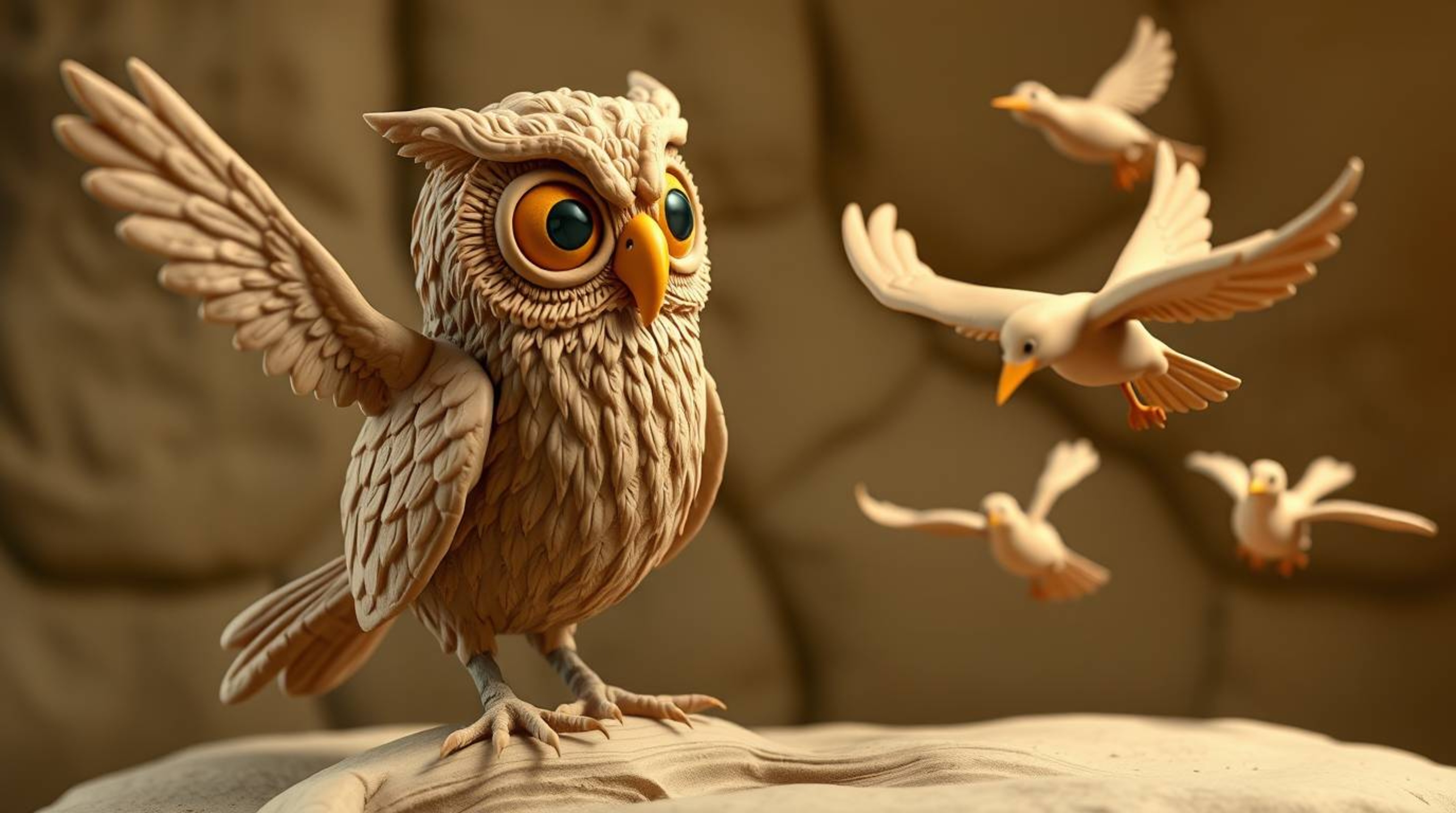 A meticulously modeled, textured clay artwork depicts a blind owl, in a Pixar style, teaching birds to fly.  The scene focuse