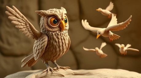 A meticulously modeled, textured clay artwork depicts a blind owl, in a Pixar style, teaching birds to fly.  The scene focuse