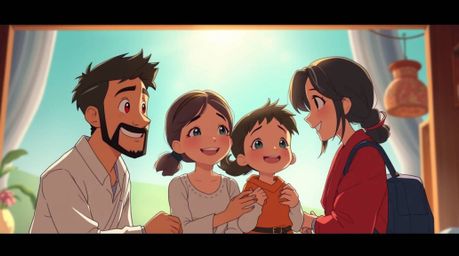 Experience a touching family reunion in this vibrant, Pixar-style anime illustration.  Set in an Isekai world with warm terra