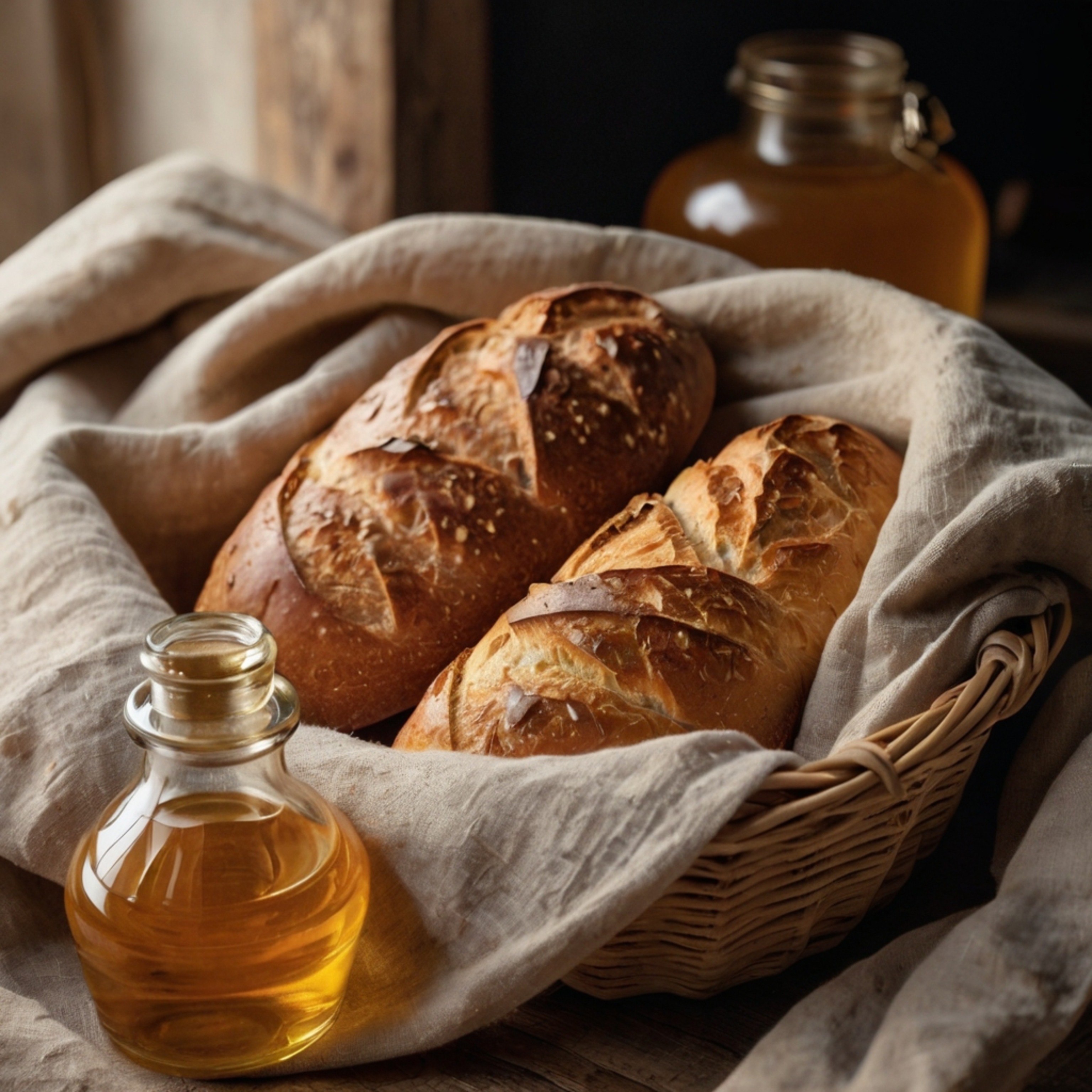 A charming still life featuring a basket overflowing with freshly baked bread. A rustic loaf is carefully wrapped in a delica