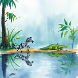 A delicate watercolor painting depicts a rainy jungle scene where a charming 3D cartoon zebra is playfully escaping a friendl