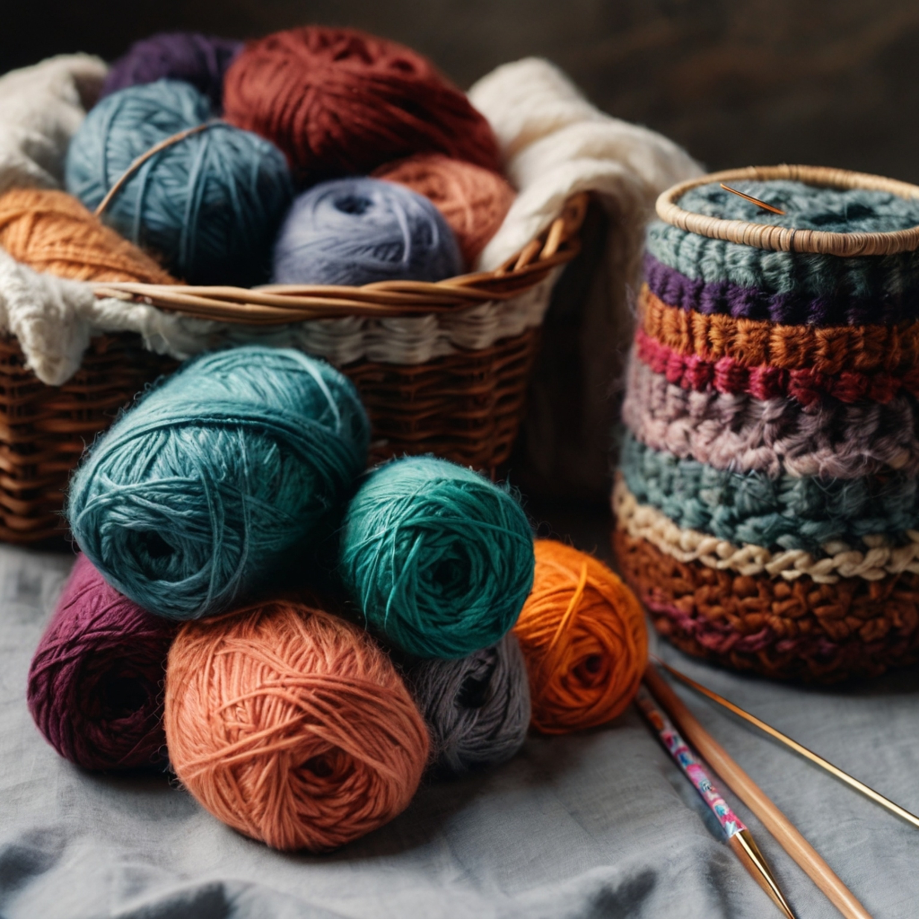 A vibrant knitting scene unfolds, showcasing a basket brimming with colorful yarns alongside a pair of knitting needles and a