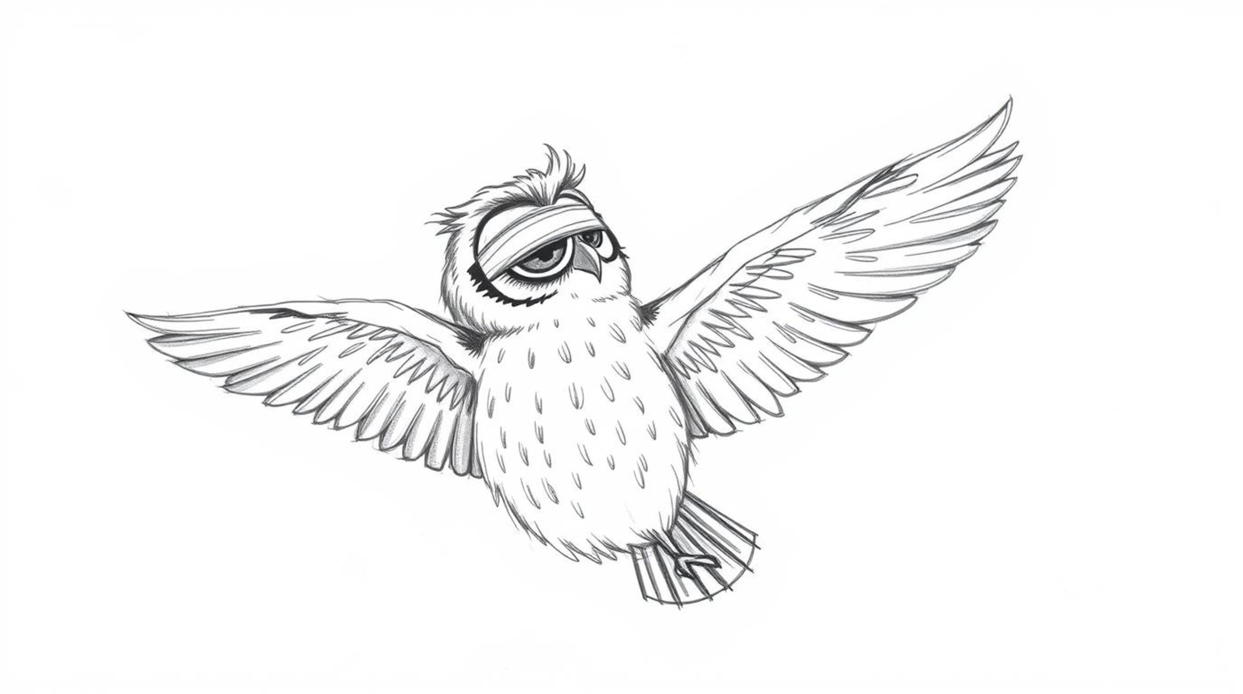 Explore a heartwarming, hand-drawn sketch in Pixar style, featuring a blind owl with soft, detailed feathers guiding birds in