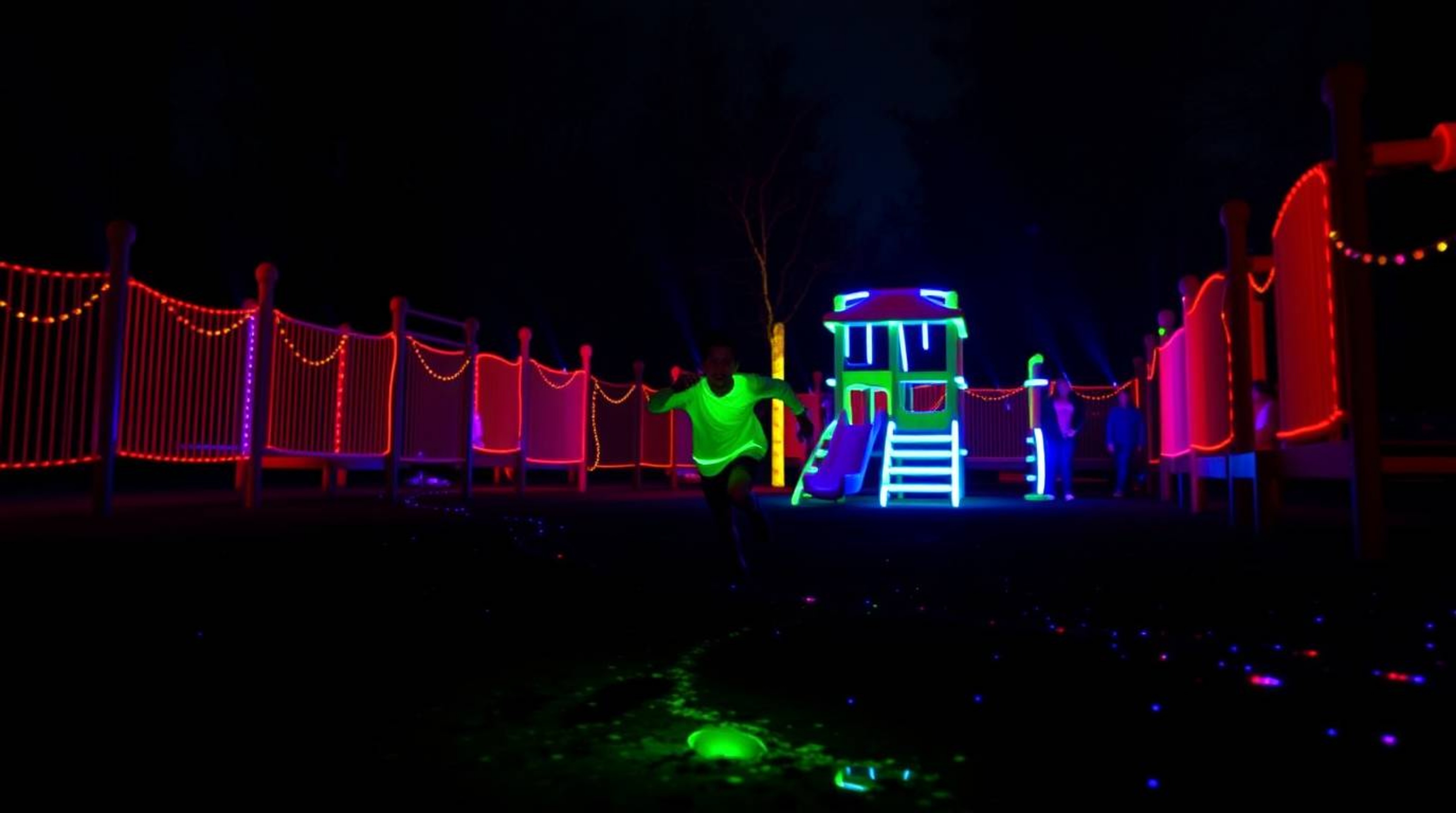 Experience a dramatic slow-motion run through a playground bathed in bioluminescent colors and natural light effects. This vi