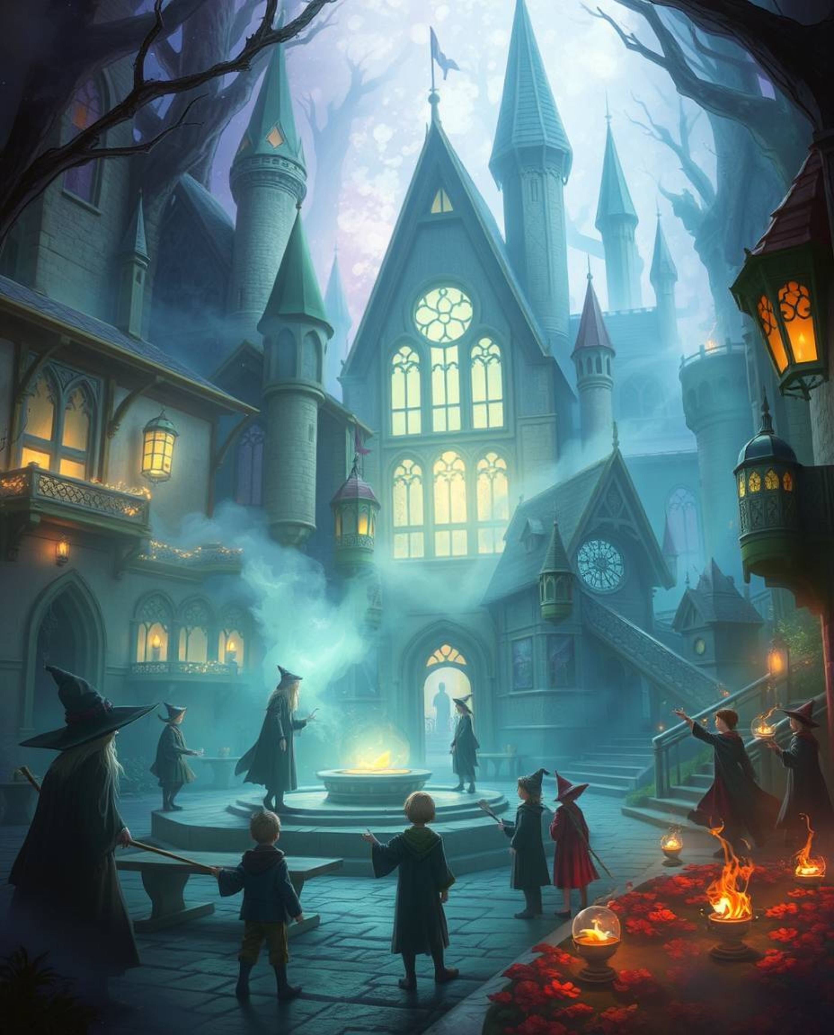 Immerse yourself in a mystic and enchanting world where a magical school brimming with young wizards unfolds. The scene is ba