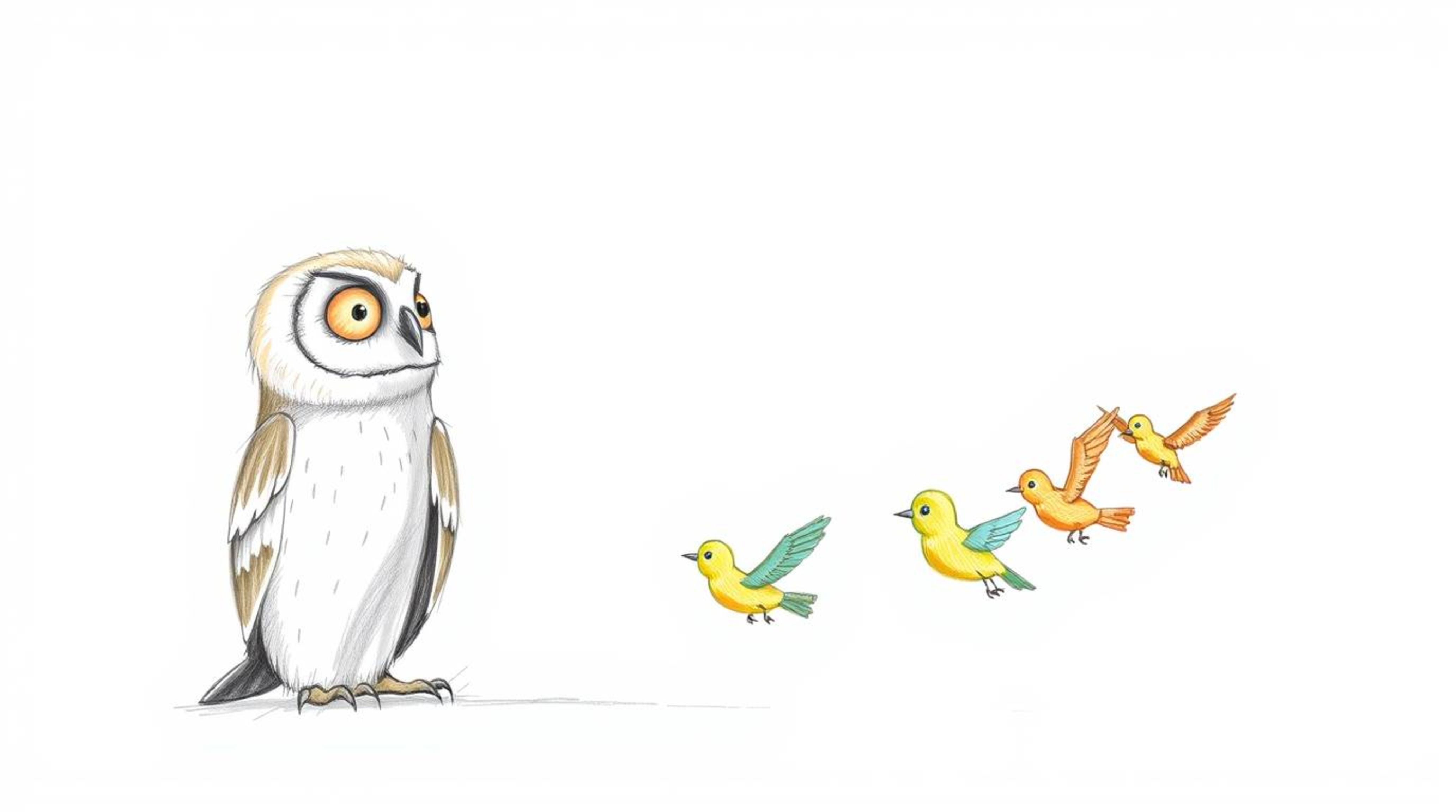 A hand-drawn sketch in the style of Pixar features a blind owl with soft, feathery texture, calmly seated against a stark whi