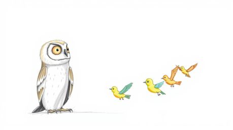 A hand-drawn sketch in the style of Pixar features a blind owl with soft, feathery texture, calmly seated against a stark whi
