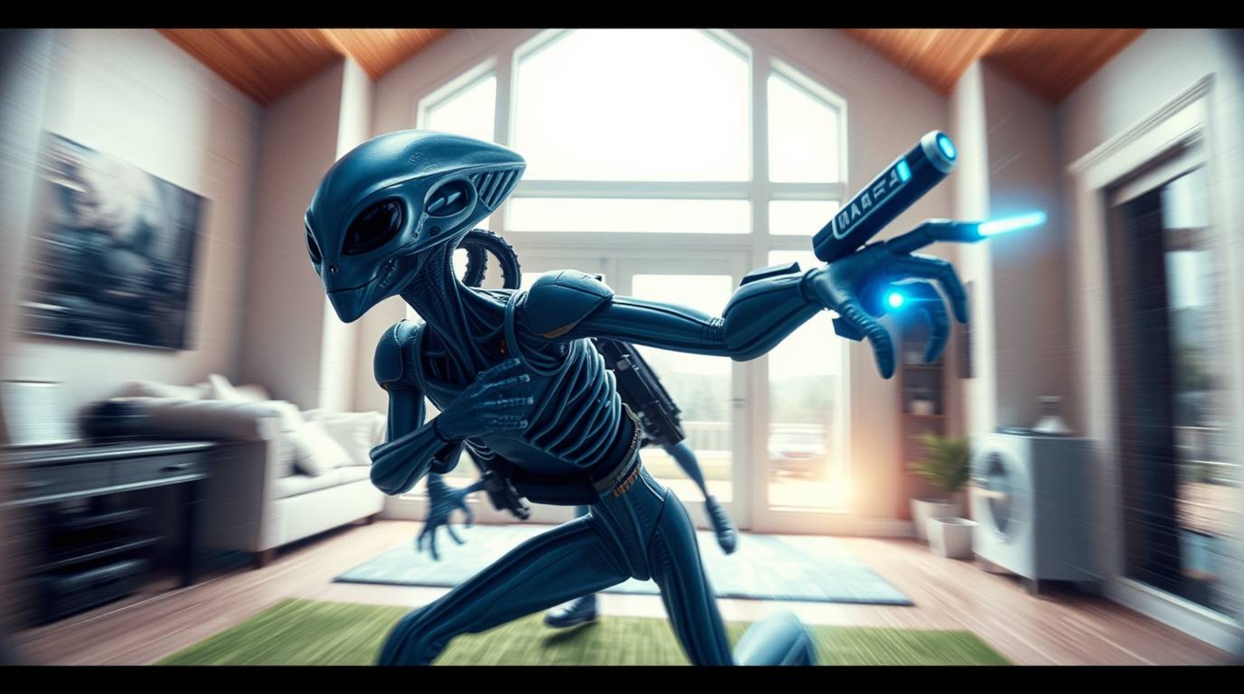 A captivating image depicting a futuristic sci-fi alien within a mundane suburban house. The scene is dynamic and full of mot