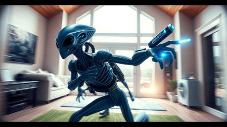 A captivating image depicting a futuristic sci-fi alien within a mundane suburban house. The scene is dynamic and full of mot