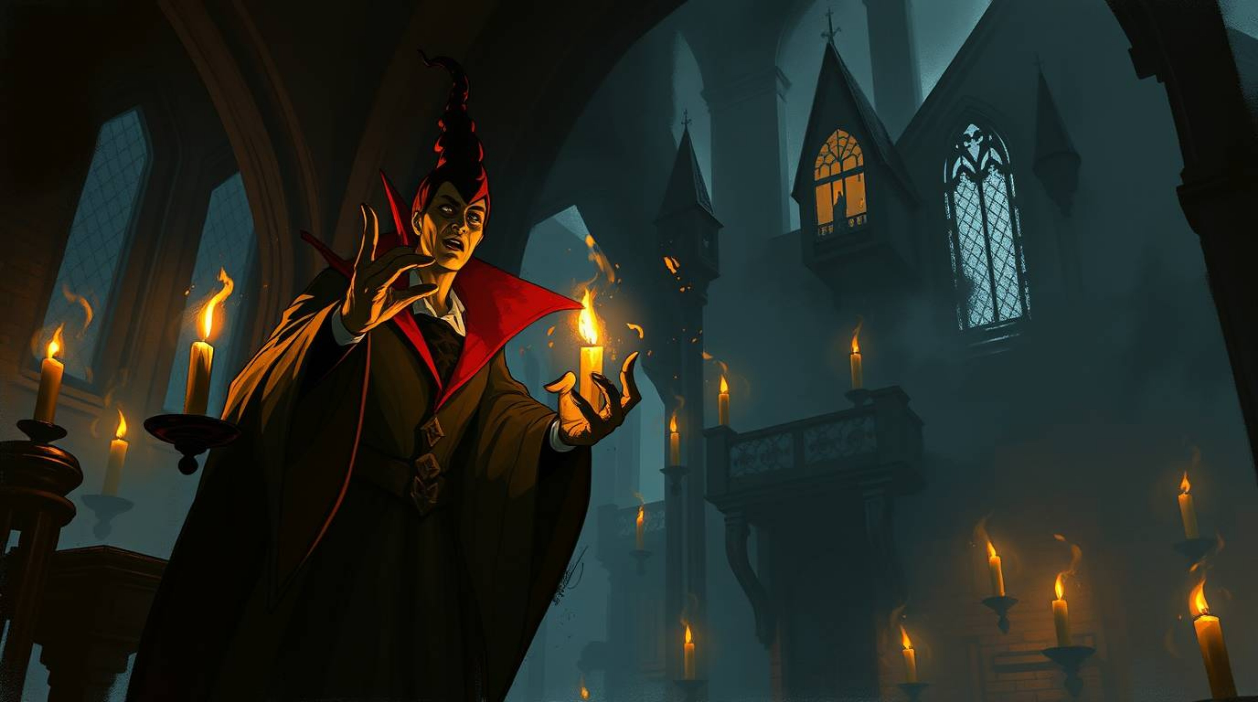 A captivating digital sketch depicting a classic Disney villain casting a spell within the misty atmosphere of an old castle.
