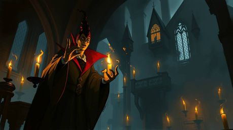 A captivating digital sketch depicting a classic Disney villain casting a spell within the misty atmosphere of an old castle.
