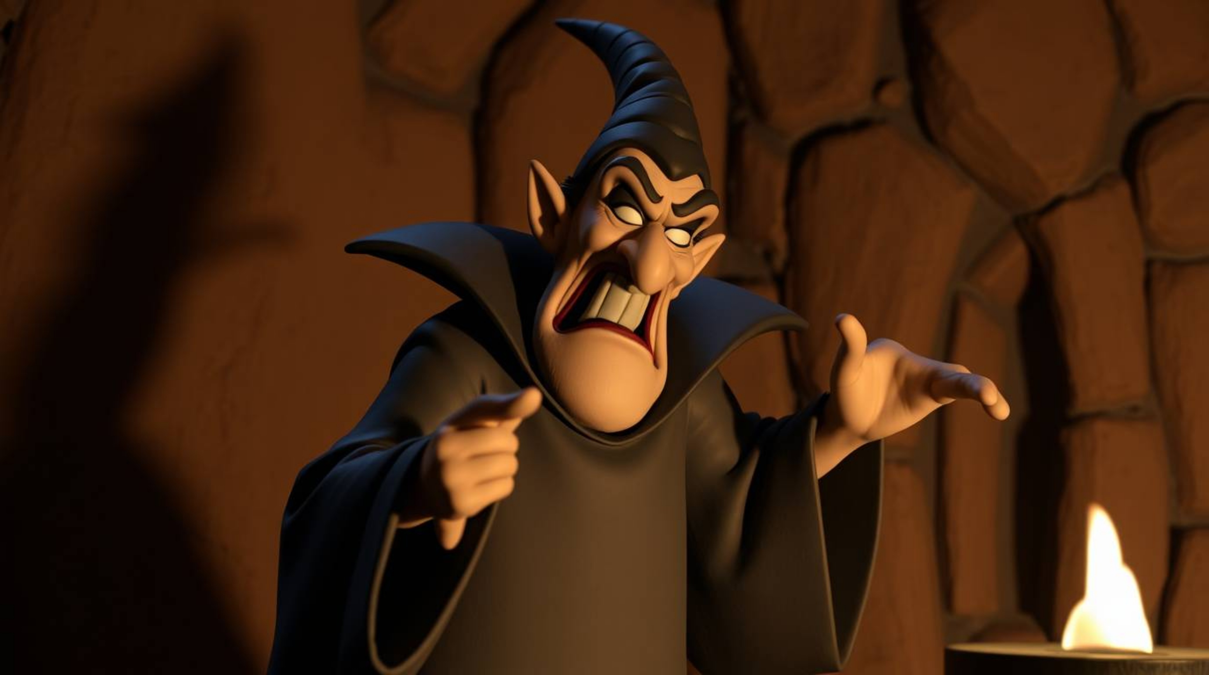 A classic Disney villain, sculpted from clay in earth tone colors, casts a spell within a textured castle.  The scene is rend
