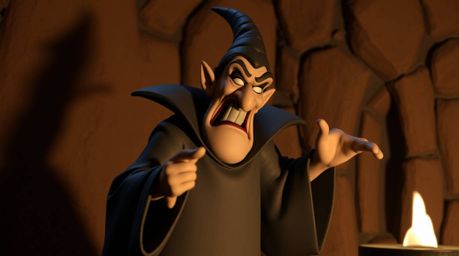 A classic Disney villain, sculpted from clay in earth tone colors, casts a spell within a textured castle. The scene is rend