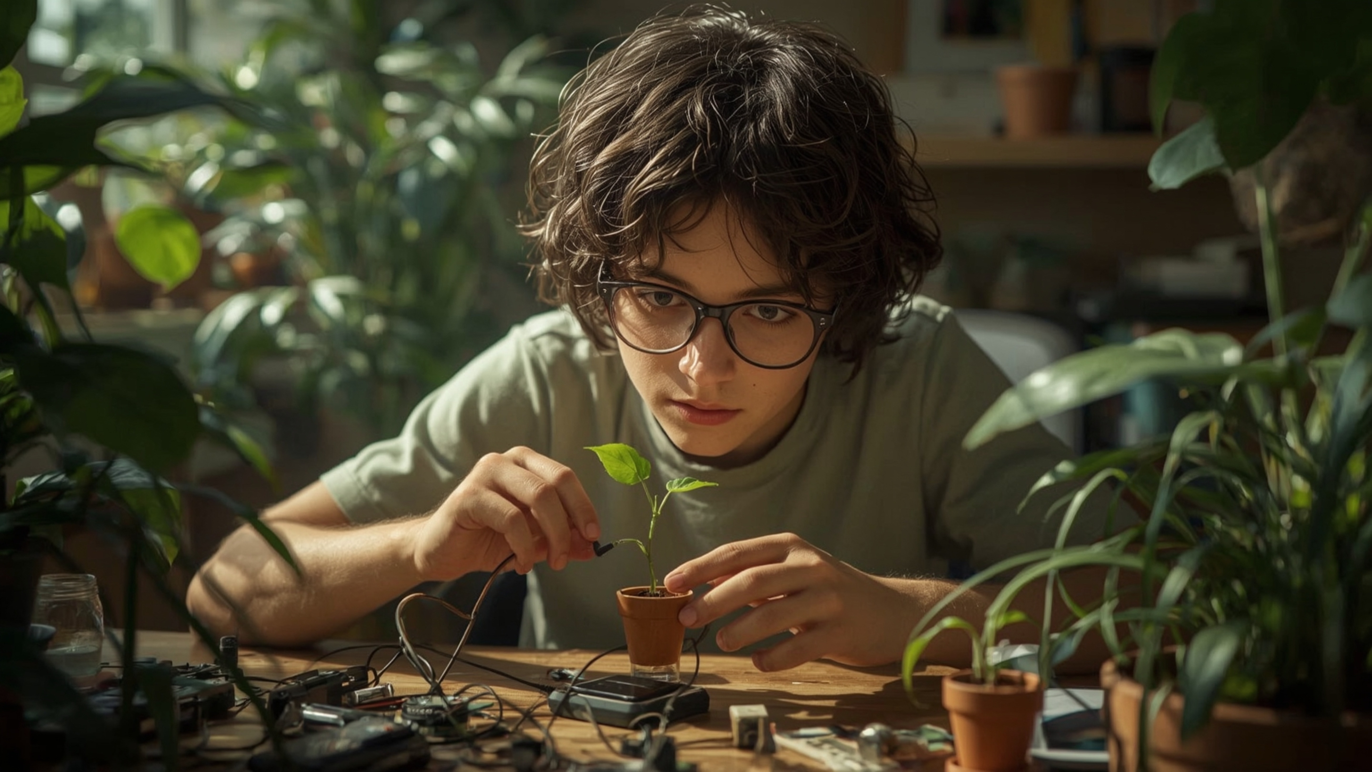 In a highly detailed, cinematic photograph, a bright-eyed, bespectacled homeschooled genius with curly brown hair sits in a l
