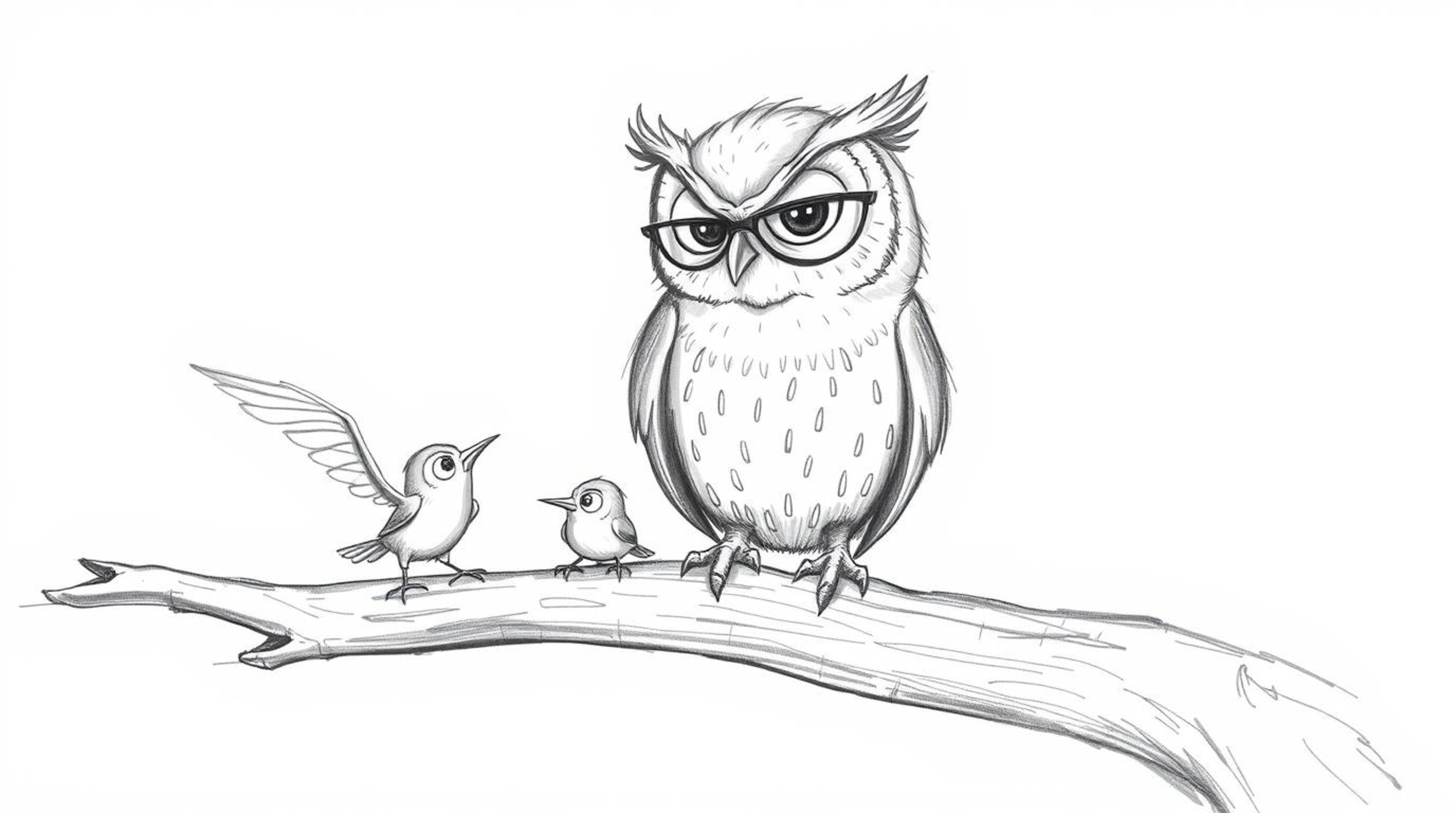 A heartwarming hand-drawn sketch in the style of Pixar captures a blind owl with soft feathers and expressive eyes, perched o