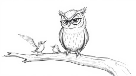 A heartwarming hand-drawn sketch in the style of Pixar captures a blind owl with soft feathers and expressive eyes, perched o