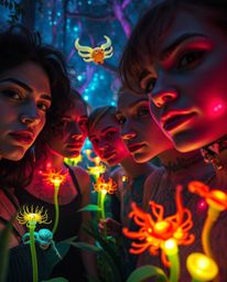 Explore a dreamlike, surreal scene where a group of friends, each adorned with unique glowing tattoos and distinct features, 
