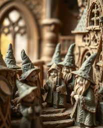 Explore an intricately crafted magical school teeming with young wizards, brought to life through an extreme macro close-up o