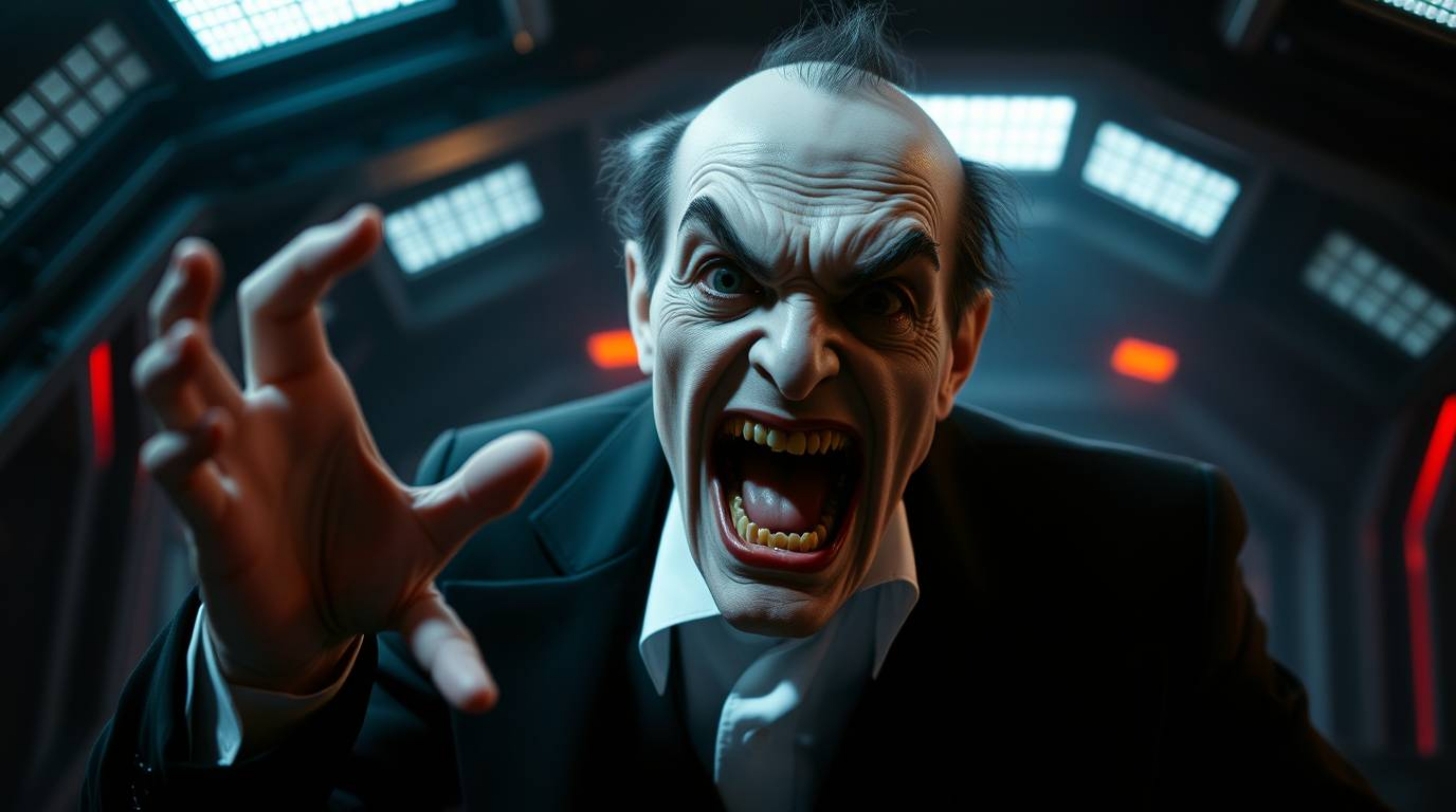 Witness a hilarious meltdown as a pale, exaggerated villain suffers a comedic breakdown within a futuristic, high-tech lair. 