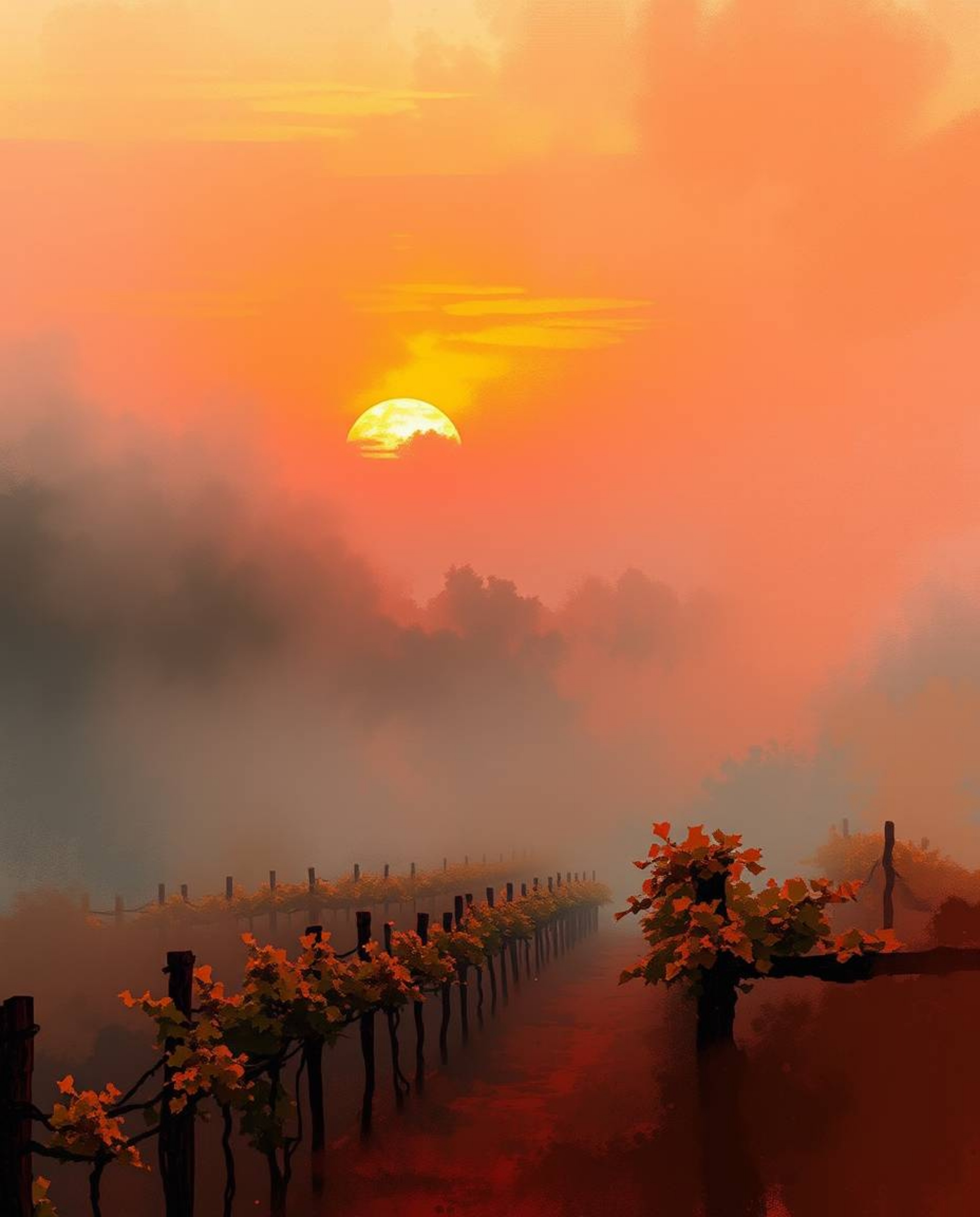 This digital sketch captures a misty sunset over a vineyard, brought to life with loose, painterly strokes and rich textures.