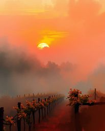 This digital sketch captures a misty sunset over a vineyard, brought to life with loose, painterly strokes and rich textures.