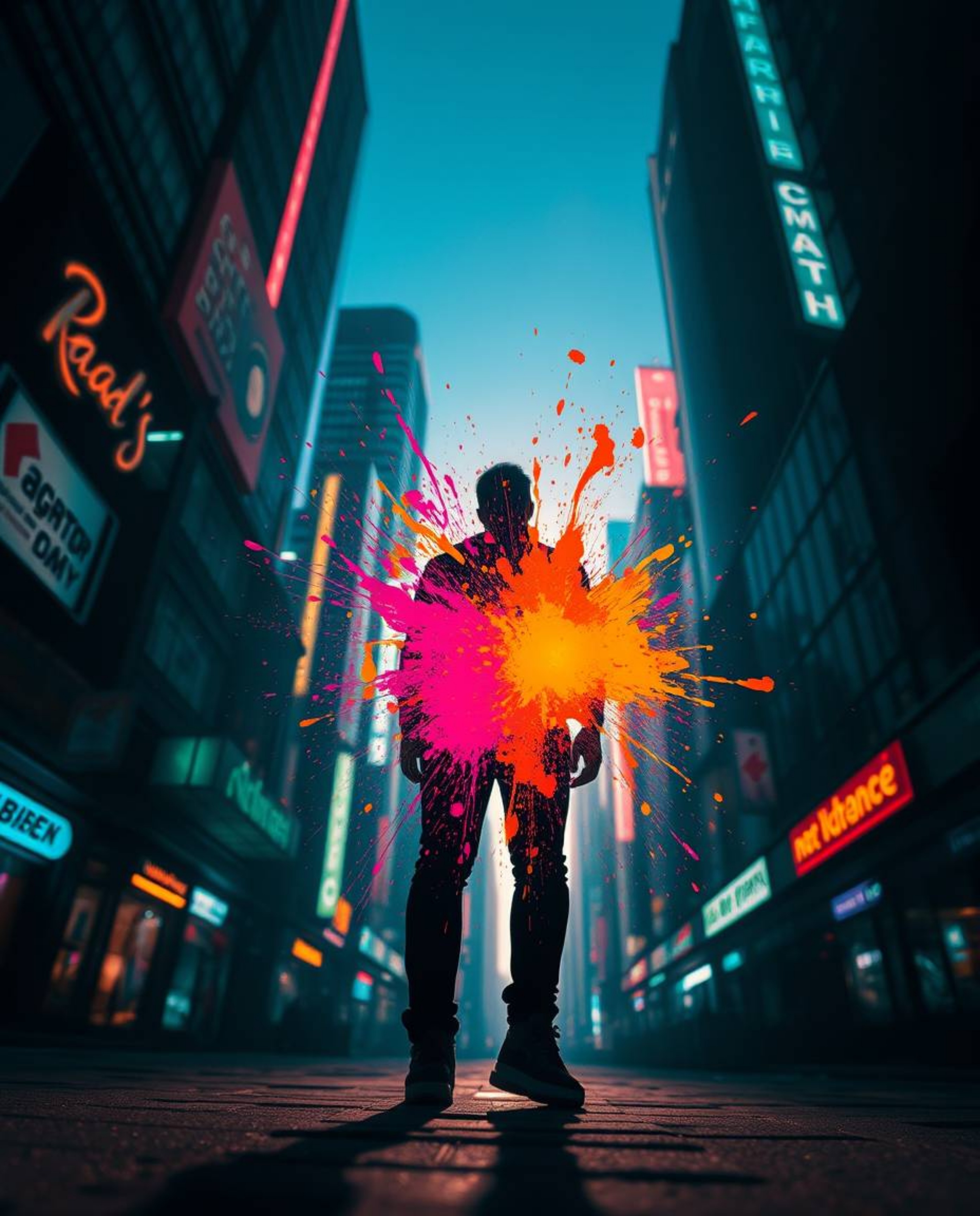 A dramatic low-angle silhouette showcases vibrant neon splashes against a futuristic cyberpunk cityscape.  Backlit with a pow