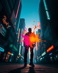 A dramatic low-angle silhouette showcases vibrant neon splashes against a futuristic cyberpunk cityscape.  Backlit with a pow