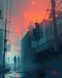 Explore a dreamlike cyberpunk street bathed in neon haze, rendered with complementary epic colors and a misty, atmospheric di