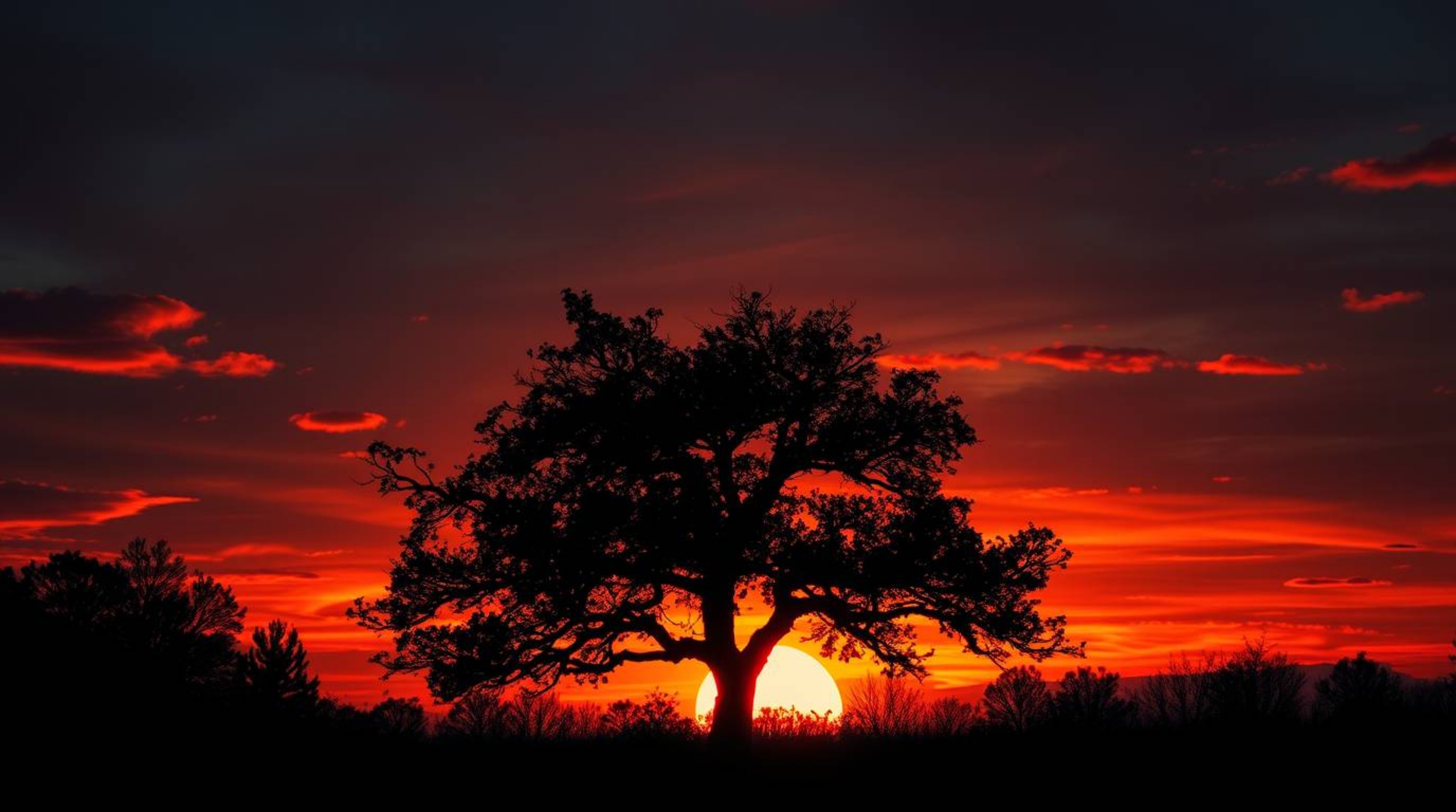 A captivating image of a lone tree silhouetted against a fiery sunset.  The scene evokes an eerie yet vibrant atmosphere, sho