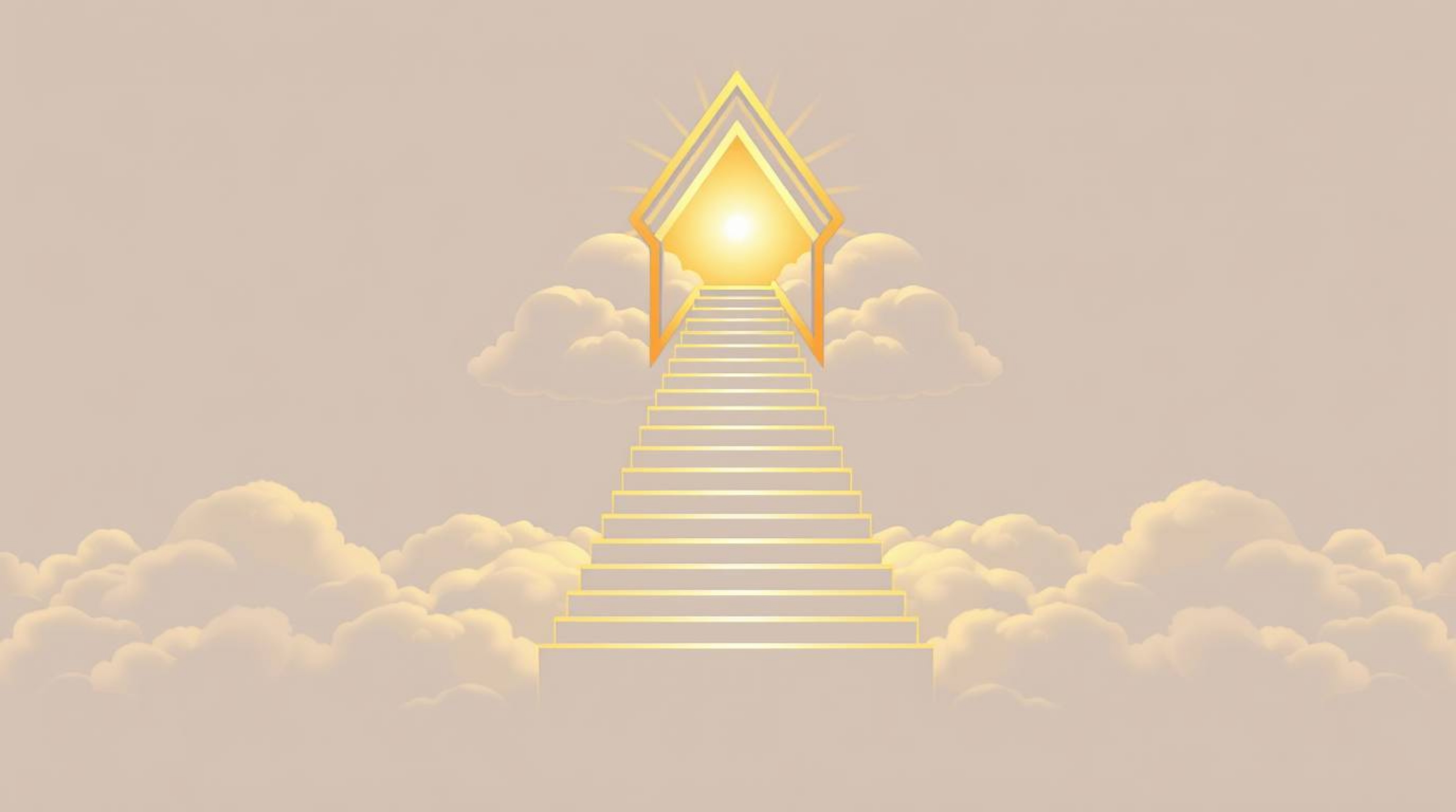 A geometrically-shaped golden staircase ascends through the clouds towards a luminous heaven, exuding a sense of divinity and