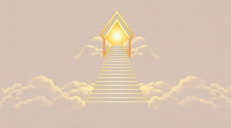 A geometrically-shaped golden staircase ascends through the clouds towards a luminous heaven, exuding a sense of divinity and