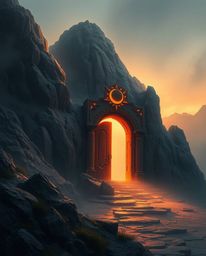 This digital artwork depicts an ancient mountain doorway adorned with glowing runes, radiating a mystical ambiance. The piece