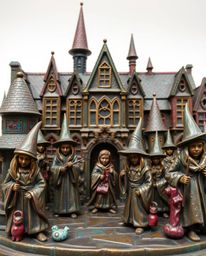 This collection features stunning bronze statues depicting a magical school teeming with young wizards. Each piece is crafted
