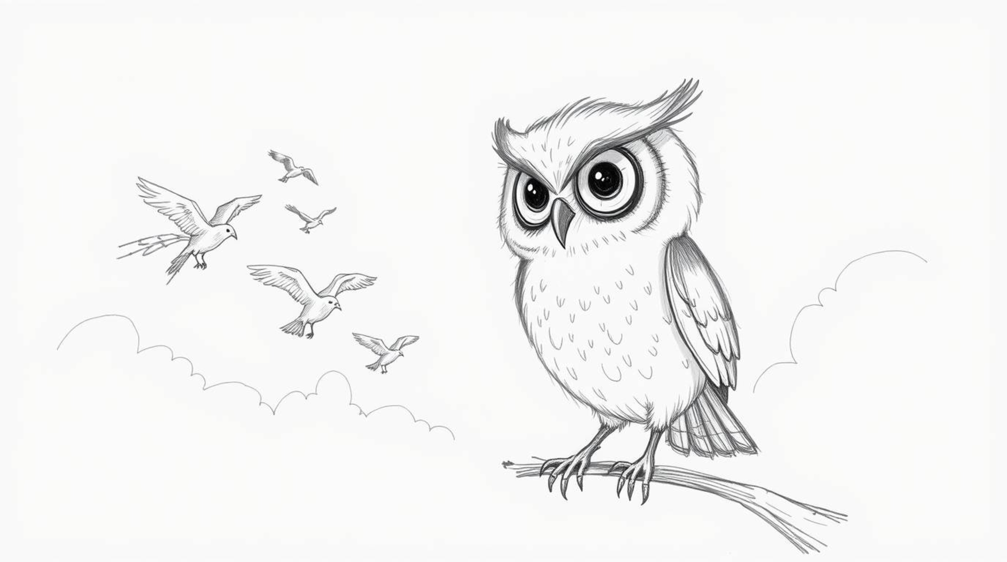 A heartwarming, hand-drawn sketch in the style of Pixar captures a blind owl with soft feathers and large, expressive eyes. T