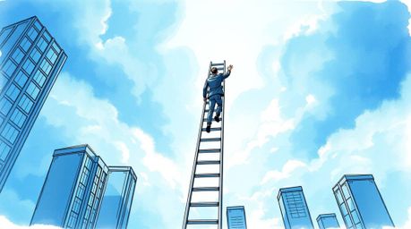 A captivating hand-drawn sketchnote illustration depicts a businessperson ascending a transparent ladder disappearing into a 