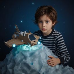 A captivating high-fashion photograph depicts a young boy with bright blue eyes and messy brown hair, meticulously constructi
