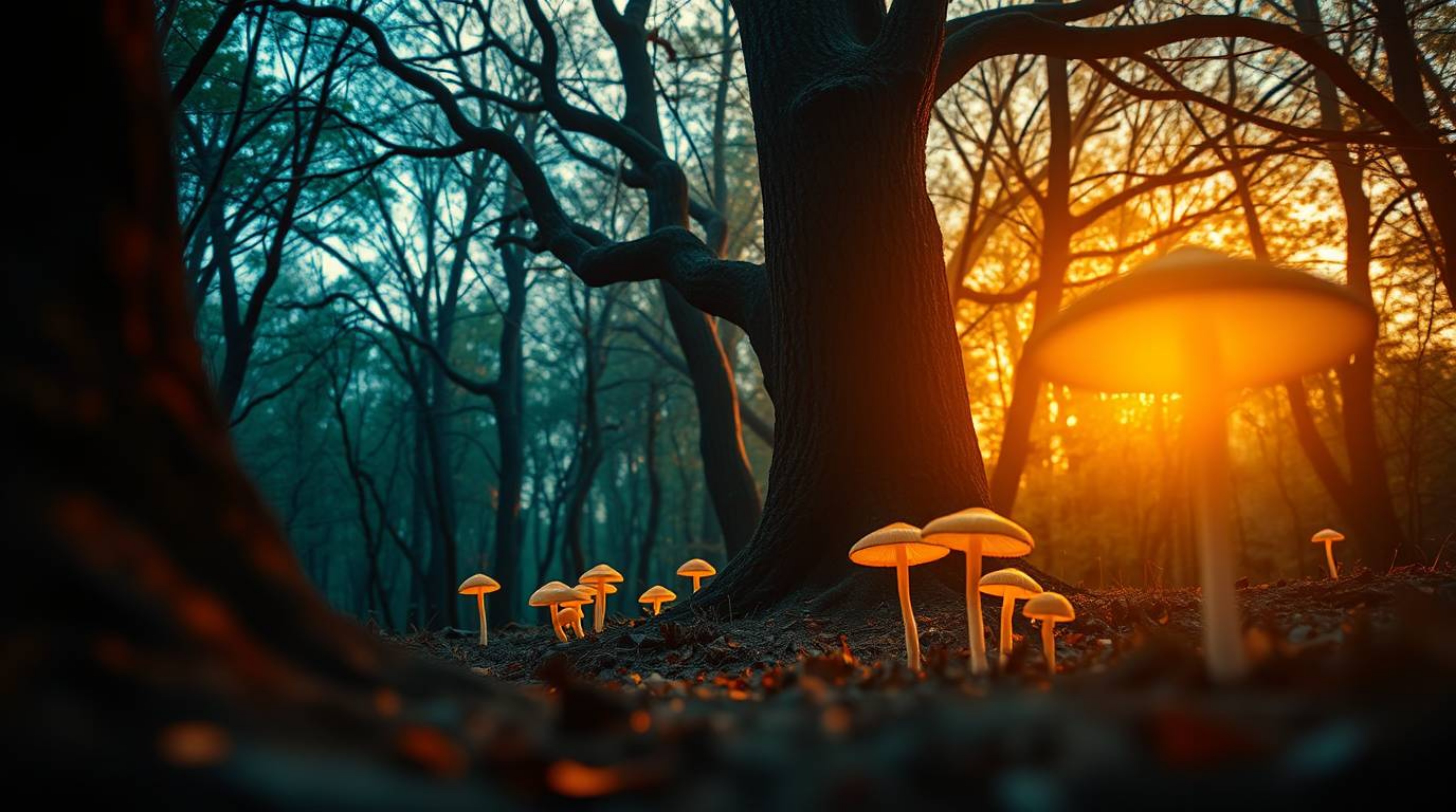 Discover a captivating vintage-style enchanted forest bathed in warm golden hour light. Glowing mushrooms illuminate the sce
